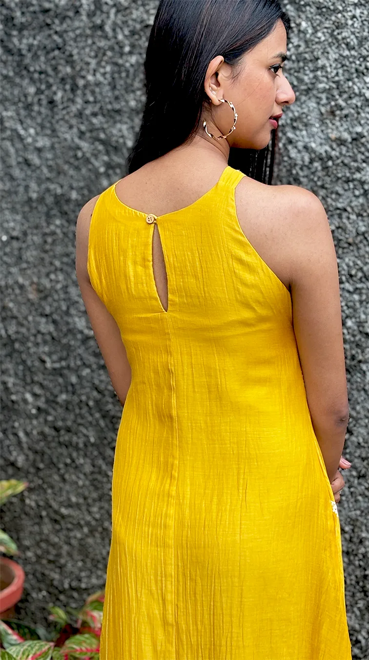Bright Mustard Yellow Malai Chanderi Dress with Criss-Cross Neck & Keyhole Back - Image 9