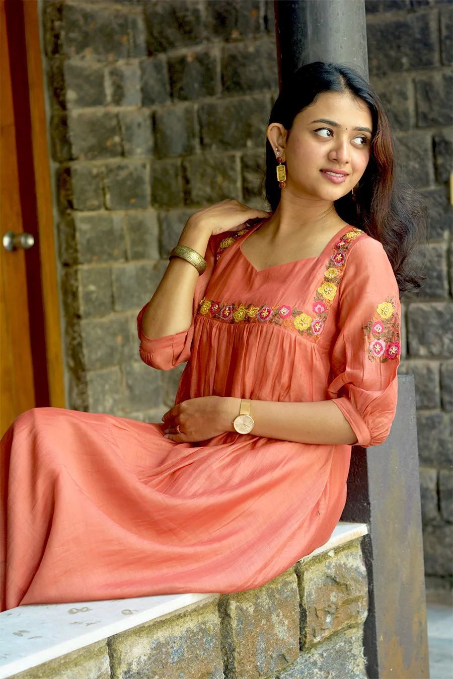 Burned Orange Malai Chanderi A-Line Top with Sweetheart Neck