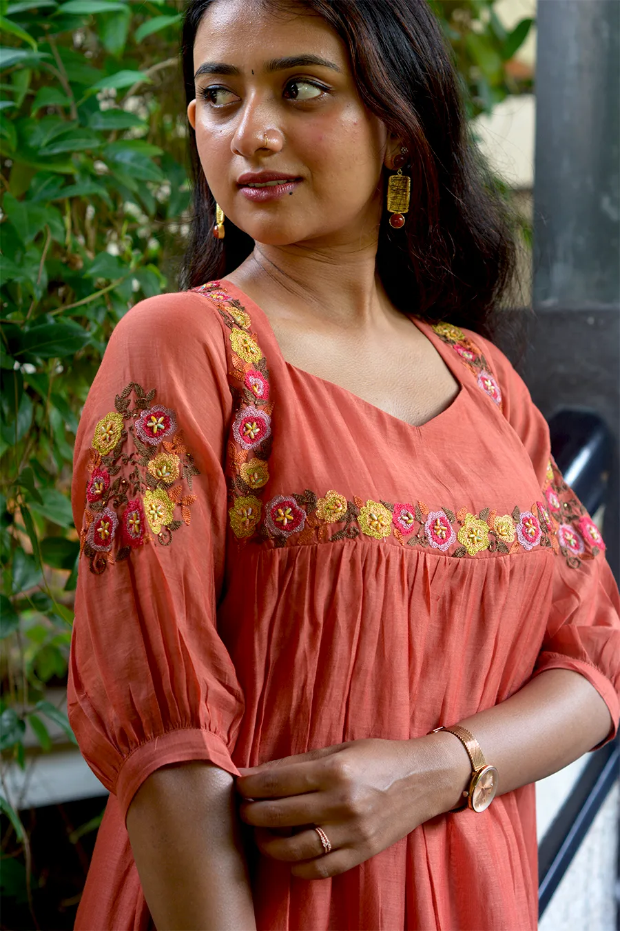 Burned Orange Malai Chanderi A-Line Top with Sweetheart Neck - Image 3