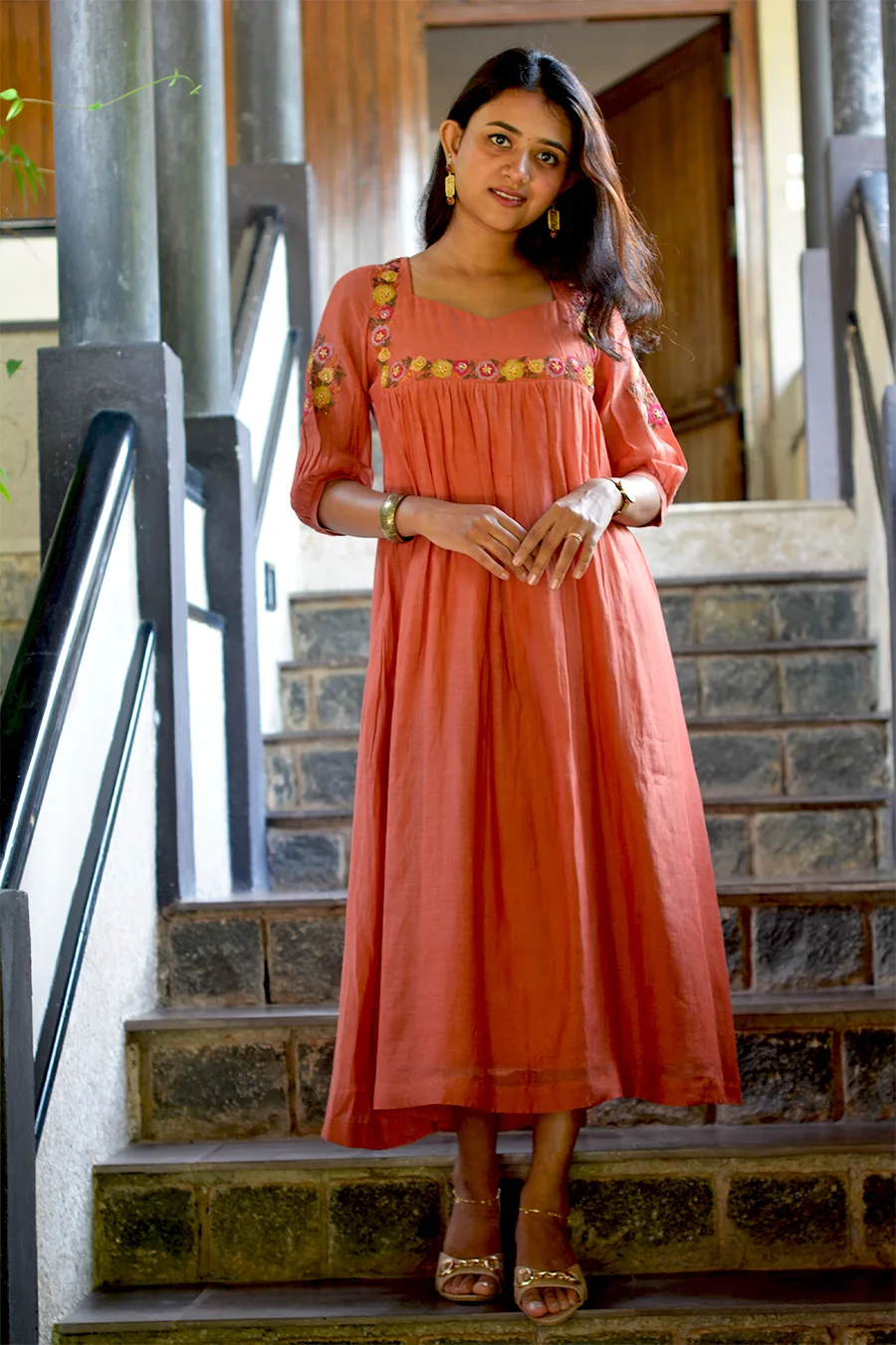 Burned Orange Malai Chanderi A-Line Top with Sweetheart Neck - Image 2