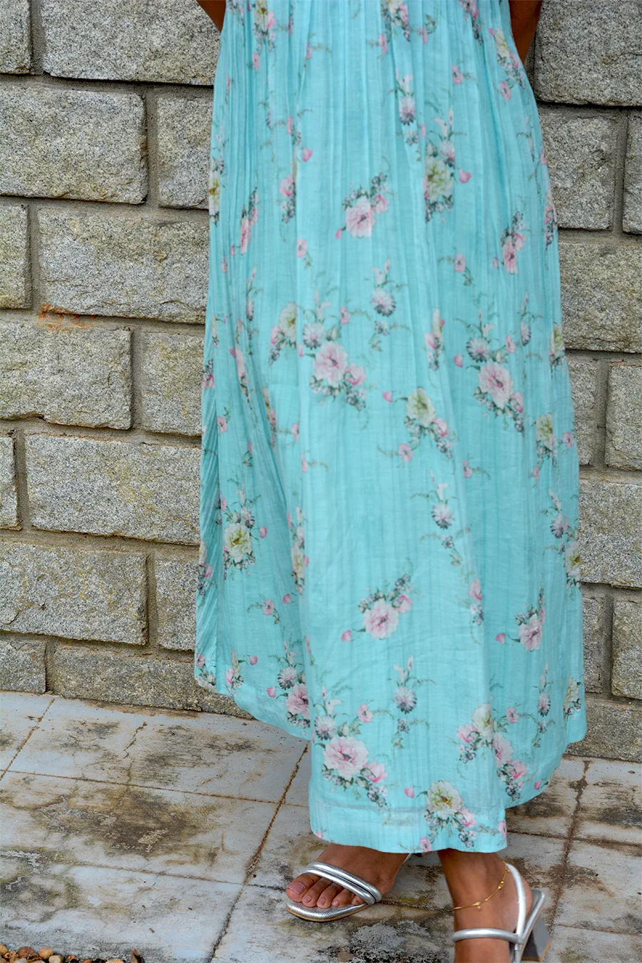 Sky Blue Floral V-Neck Dress in Malai Chanderi - Image 8