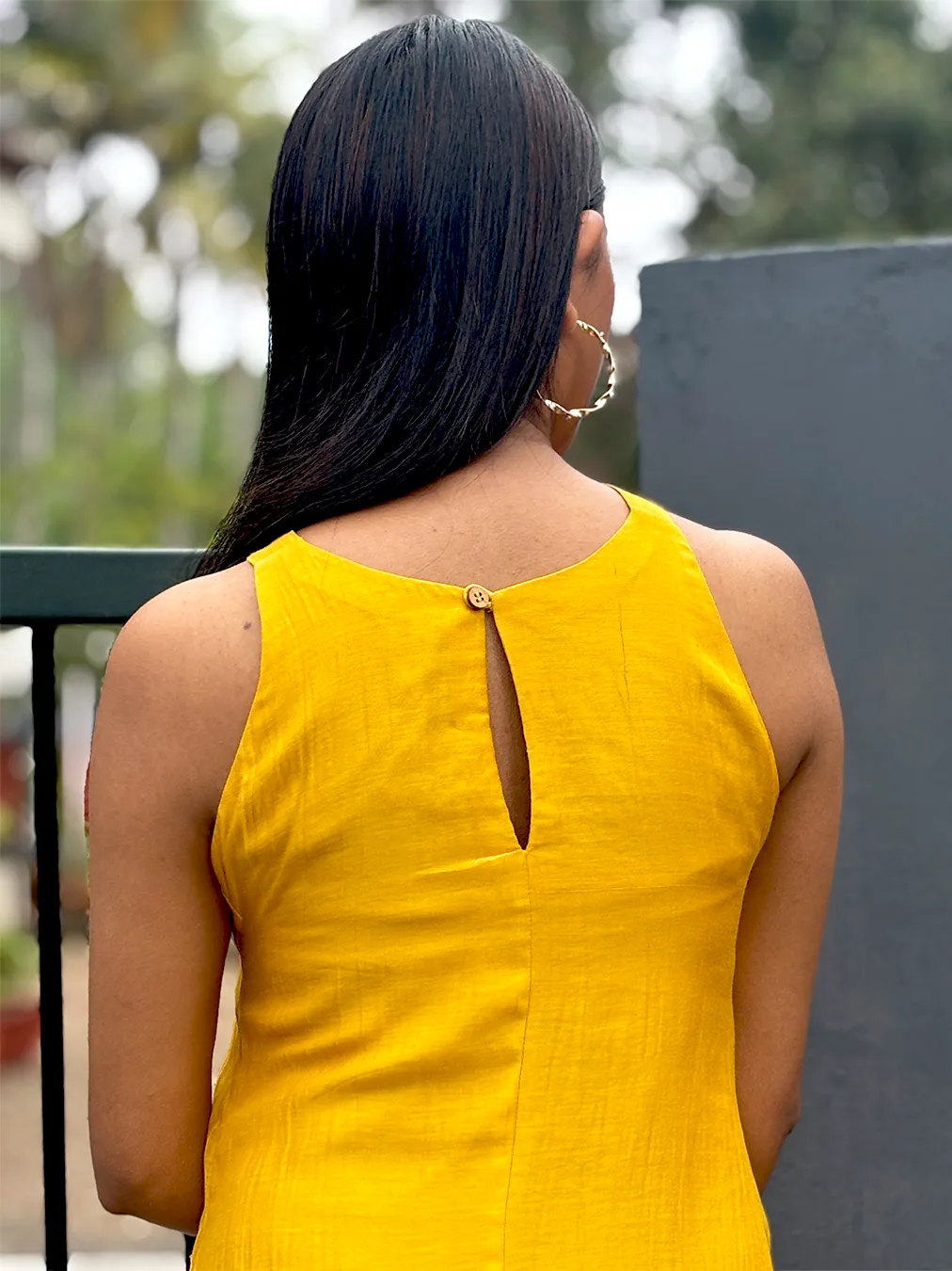 Bright Mustard Yellow Malai Chanderi Dress with Criss-Cross Neck & Keyhole Back - Image 8