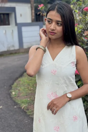 Malai Chanderi Embroidered Sleeveless Dress – V-Neck with Tie-Up Back