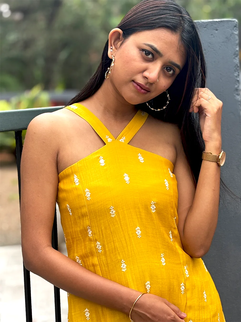 Bright Mustard Yellow Malai Chanderi Dress with Criss-Cross Neck & Keyhole Back - Image 7