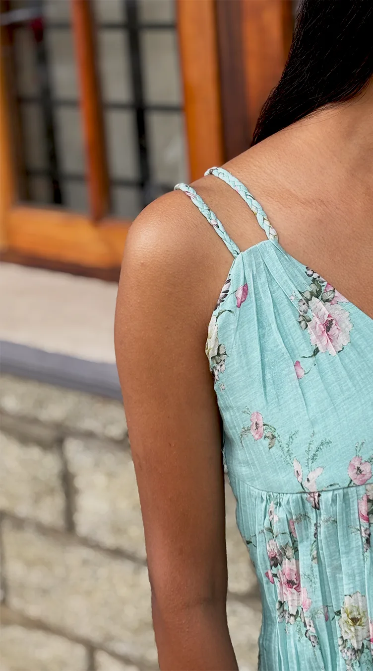 Sky Blue Floral V-Neck Dress in Malai Chanderi - Image 7