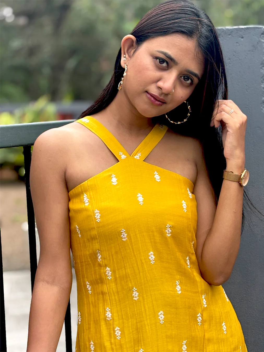 Bright Mustard Yellow Malai Chanderi Dress with Criss-Cross Neck & Keyhole Back - Image 6