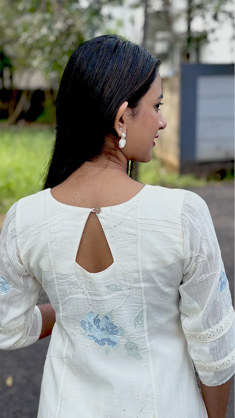 Malai Chanderi A-Line Dress with Lace Detailing & Keyhole Back – Blue Floral Elegance - Image 3
