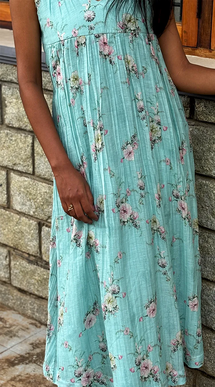 Sky Blue Floral V-Neck Dress in Malai Chanderi - Image 6