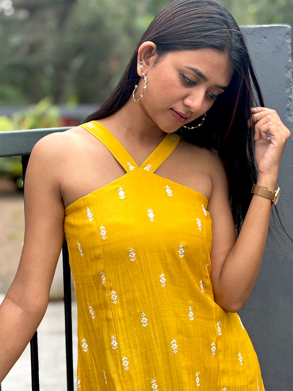 Bright Mustard Yellow Malai Chanderi Dress with Criss-Cross Neck & Keyhole Back - Image 5