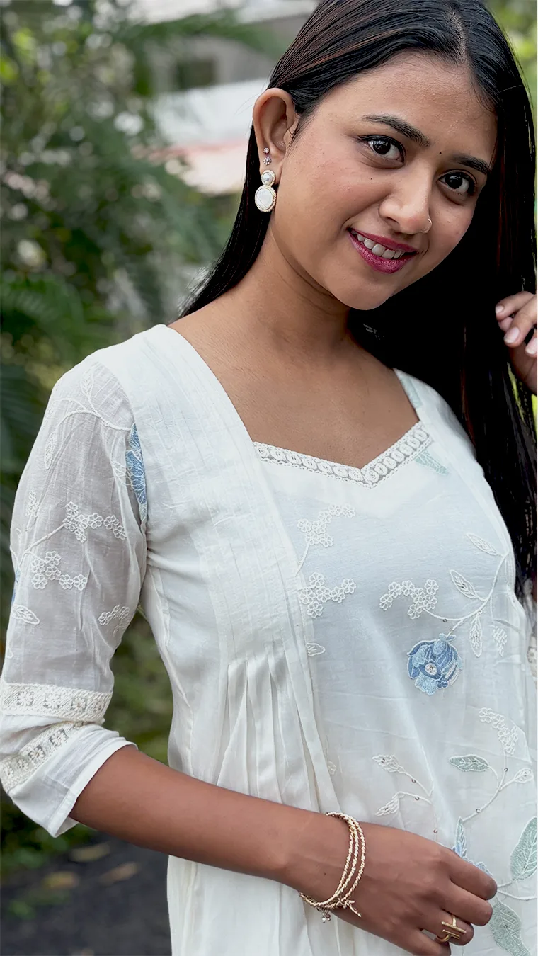 Malai Chanderi A-Line Dress with Lace Detailing & Keyhole Back – Blue Floral Elegance - Image 2