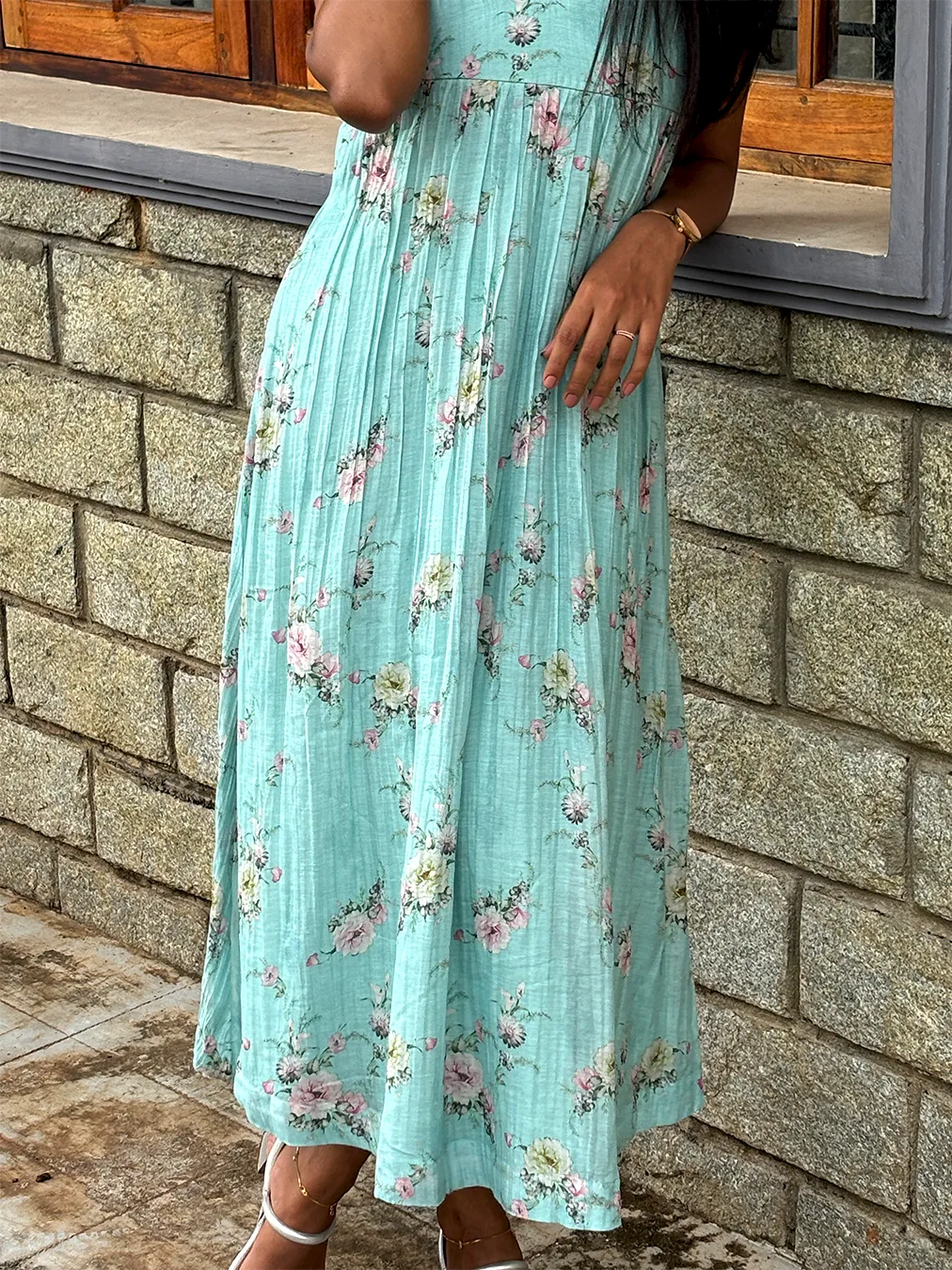 Sky Blue Floral V-Neck Dress in Malai Chanderi - Image 5