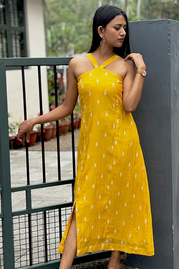 Bright Mustard Yellow Malai Chanderi Dress with Criss-Cross Neck & Keyhole Back
