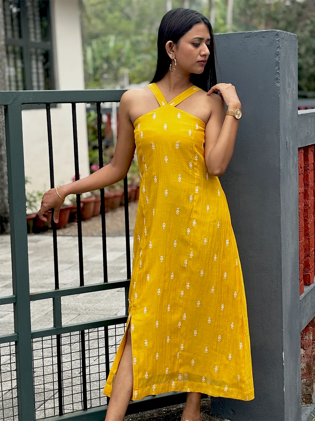 Bright Mustard Yellow Malai Chanderi Dress with Criss-Cross Neck & Keyhole Back - Image 4