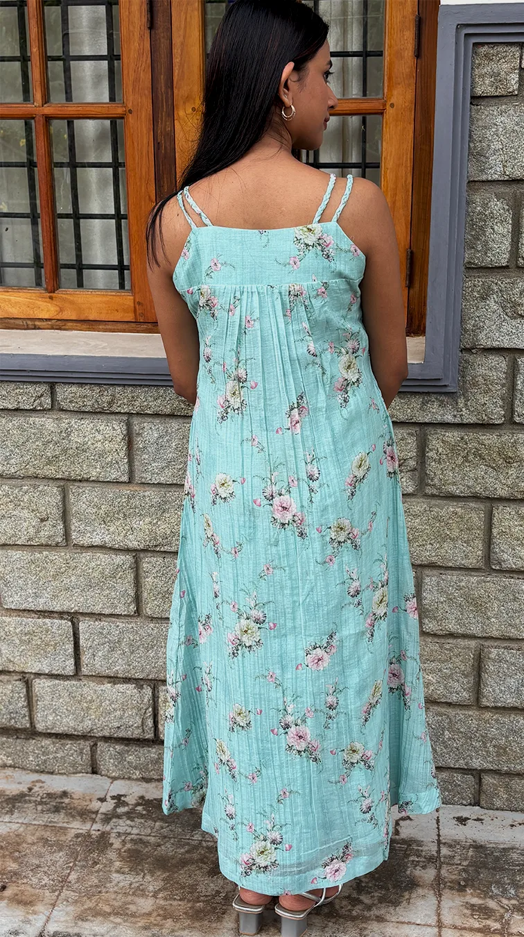 Sky Blue Floral V-Neck Dress in Malai Chanderi - Image 4