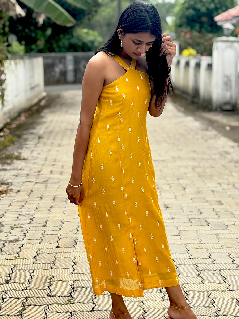 Bright Mustard Yellow Malai Chanderi Dress with Criss-Cross Neck & Keyhole Back - Image 3