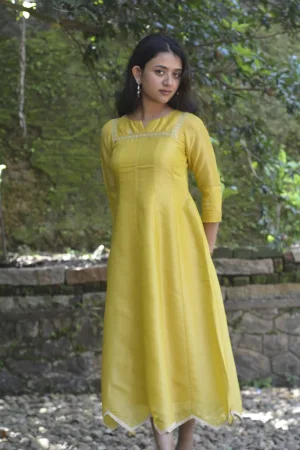 Mustard Yellow Kali-Cut Kurta in Pure Tissue with Zari Accents