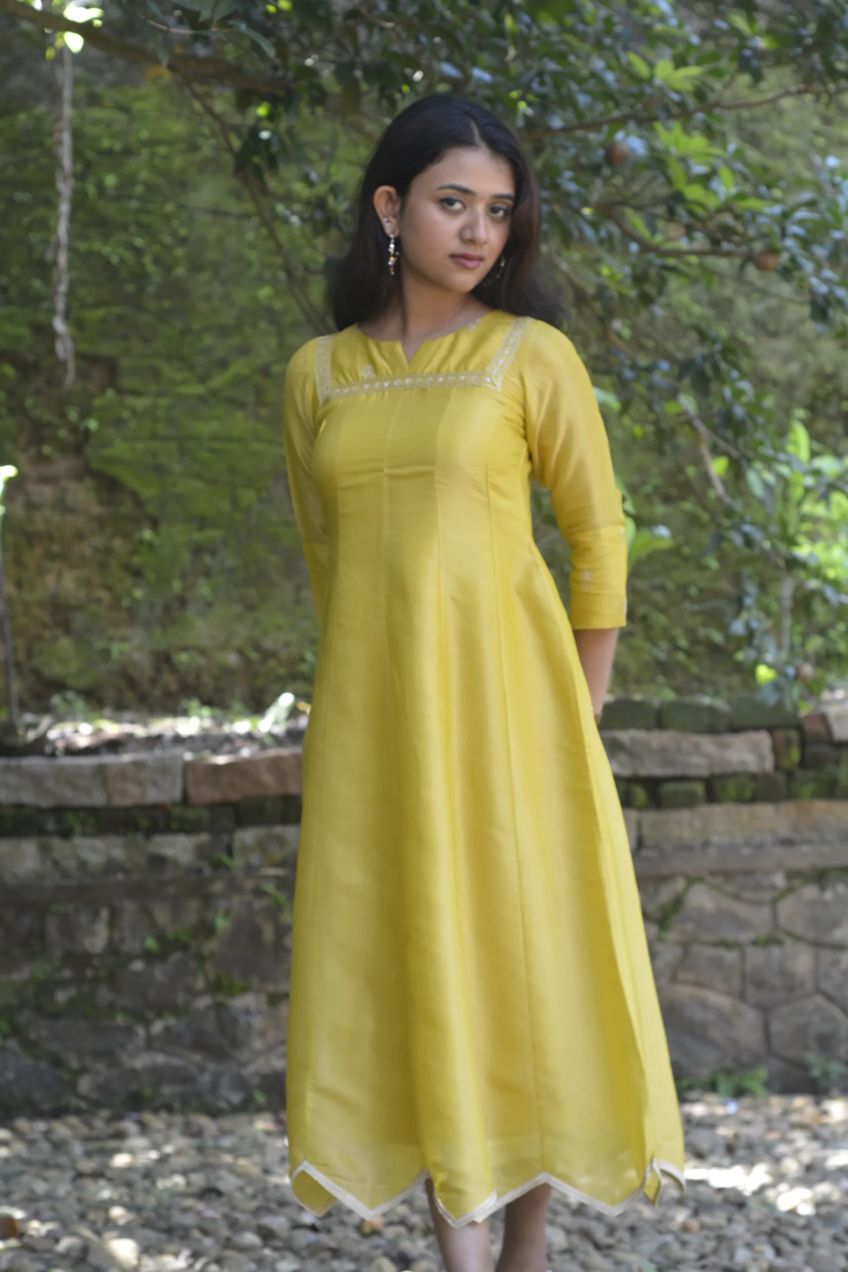 Mustard Yellow Kali-Cut Kurta in Pure Tissue with Zari Accents - Image 8