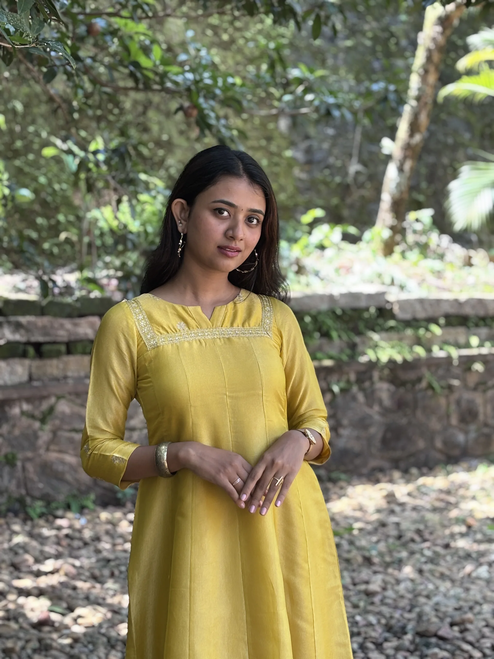 Mustard Yellow Kali-Cut Kurta in Pure Tissue with Zari Accents - Image 6