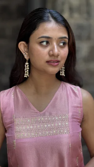 Pink Pure Tissue Kurta with V-Neck & Ari Work Yoke
