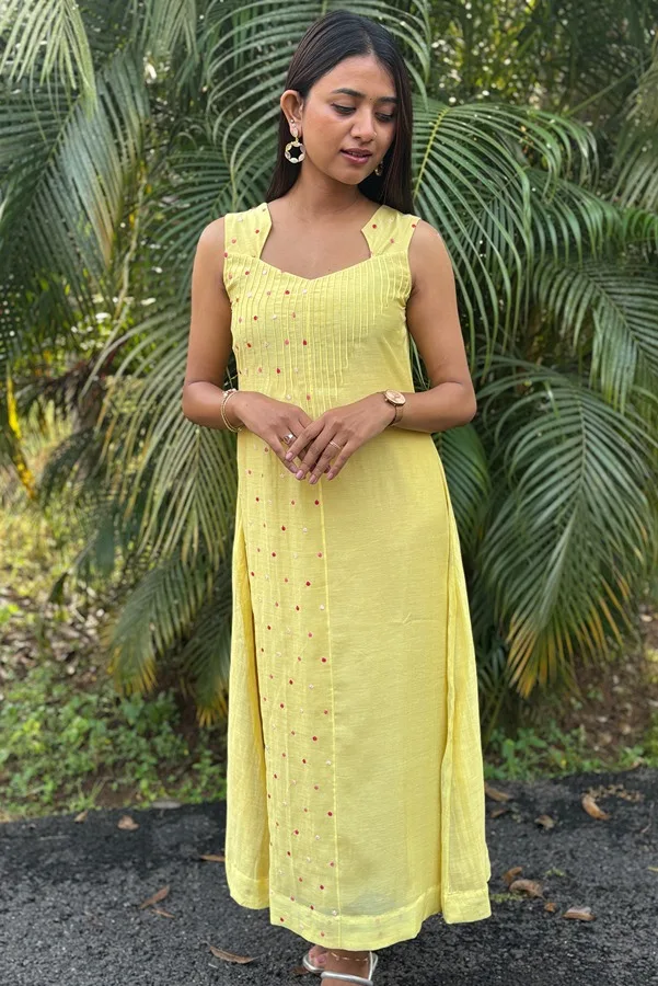 Light Yellow Malai Chanderi Dress with Pintuck Bodice & Multicolor Embroidery