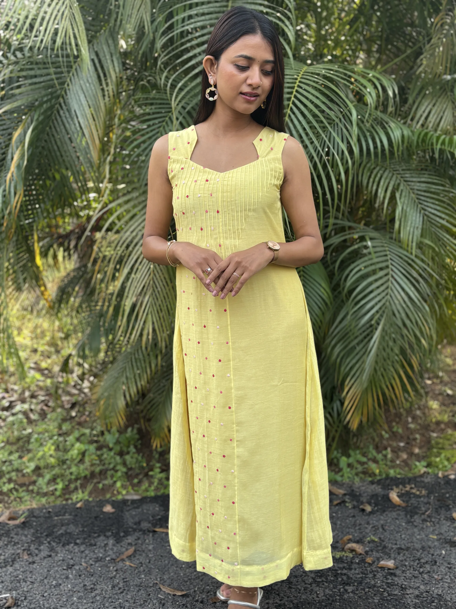 Light Yellow Malai Chanderi Dress with Pintuck Bodice & Multicolor Embroidery - Image 17