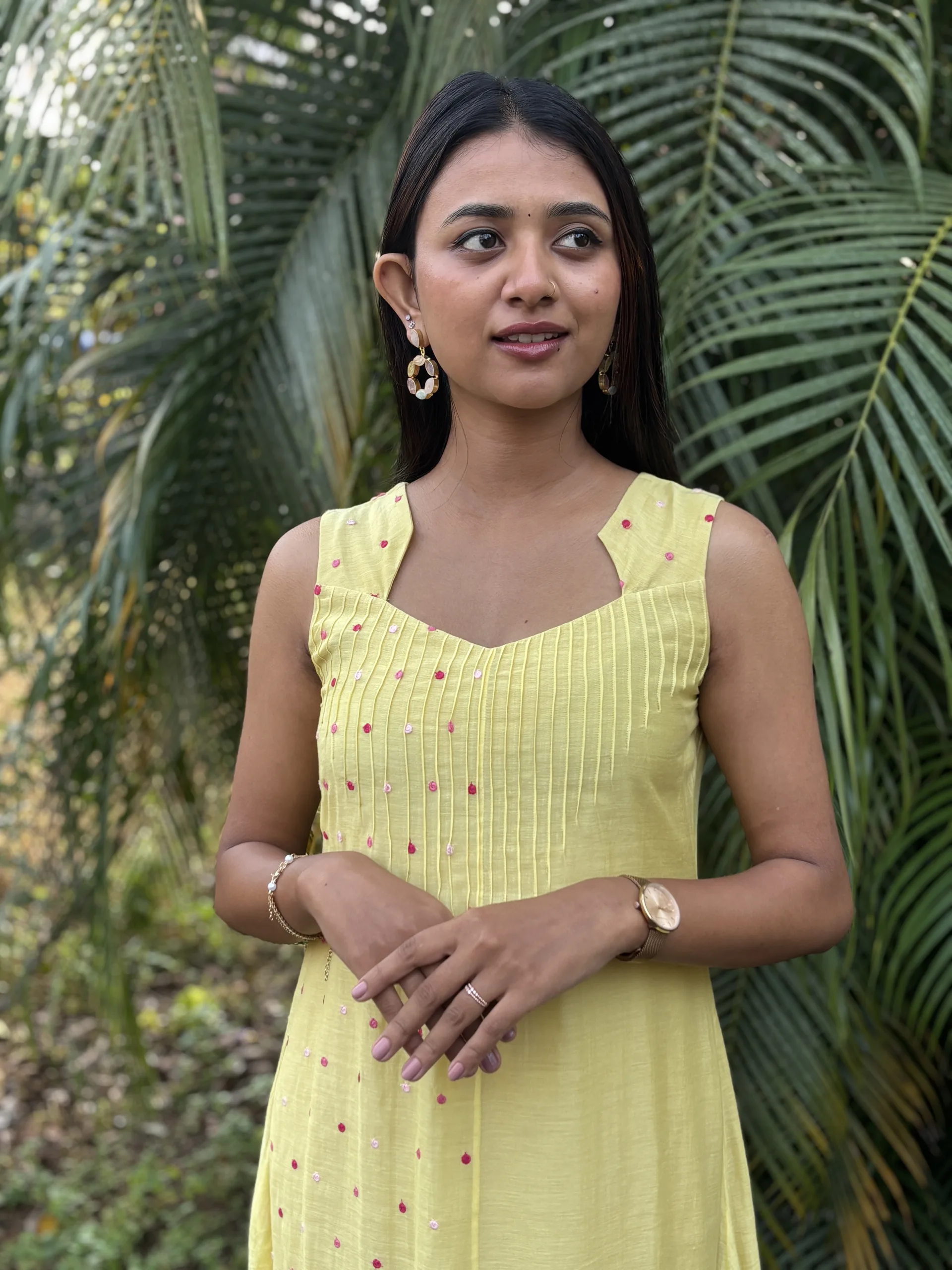 Light Yellow Malai Chanderi Dress with Pintuck Bodice & Multicolor Embroidery - Image 16