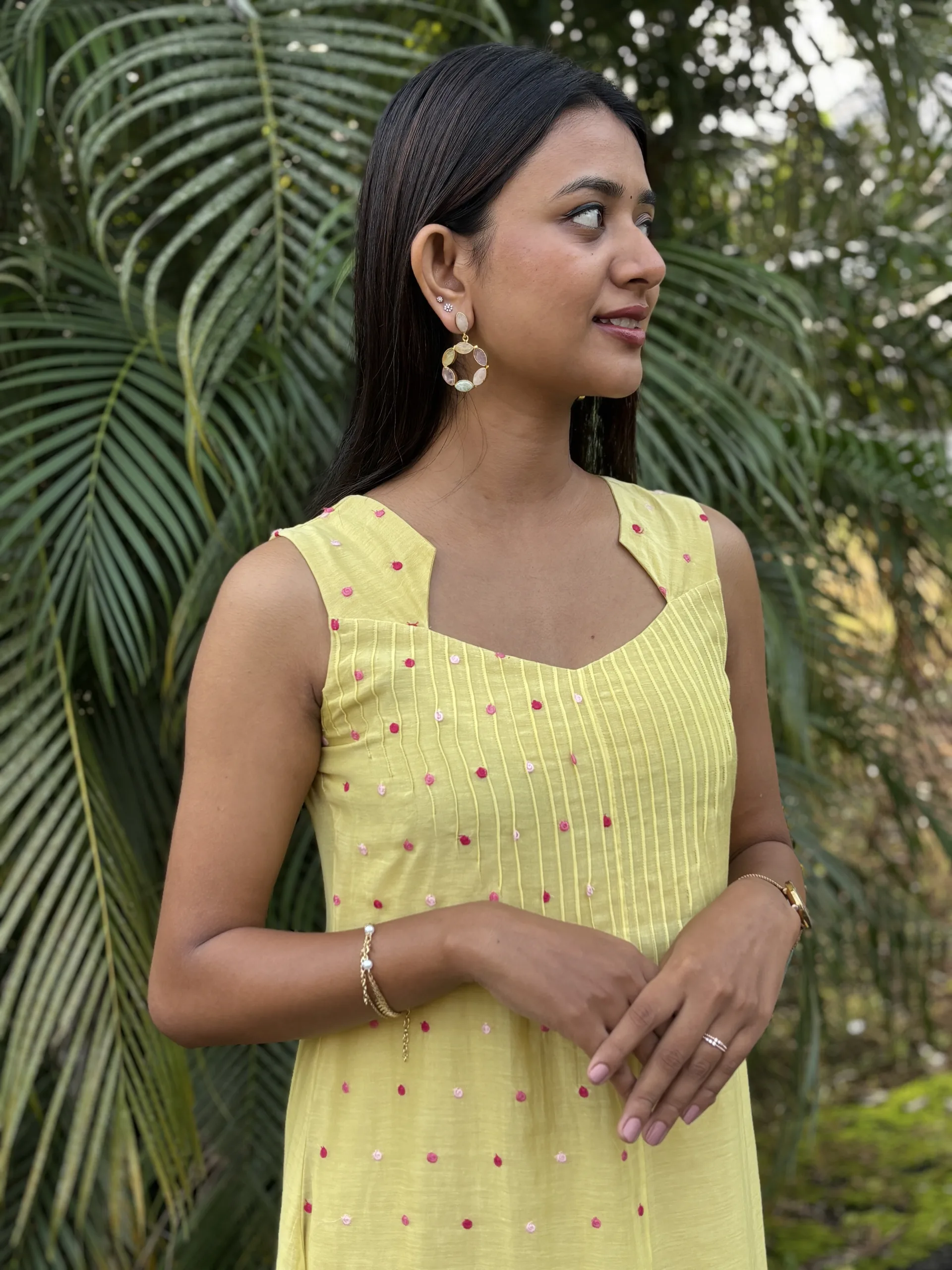 Light Yellow Malai Chanderi Dress with Pintuck Bodice & Multicolor Embroidery - Image 15