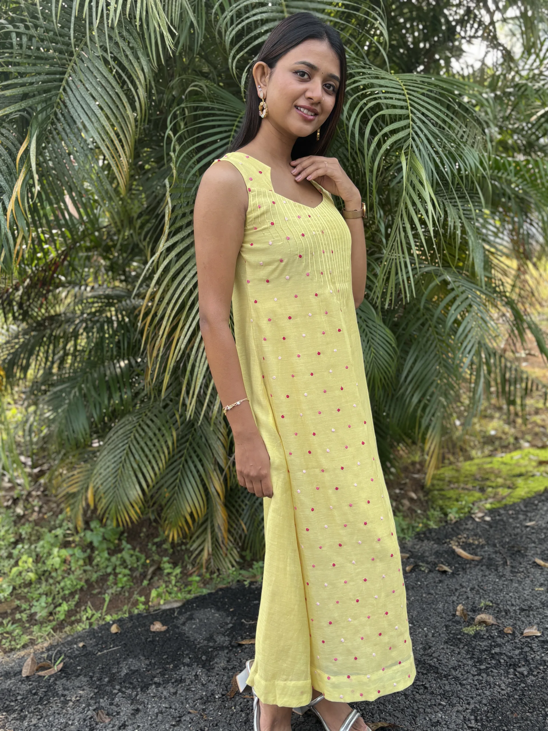 Light Yellow Malai Chanderi Dress with Pintuck Bodice & Multicolor Embroidery - Image 14