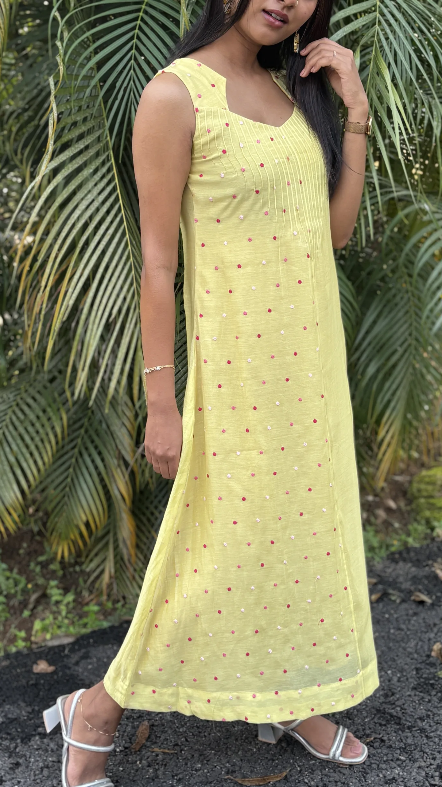Light Yellow Malai Chanderi Dress with Pintuck Bodice & Multicolor Embroidery - Image 13