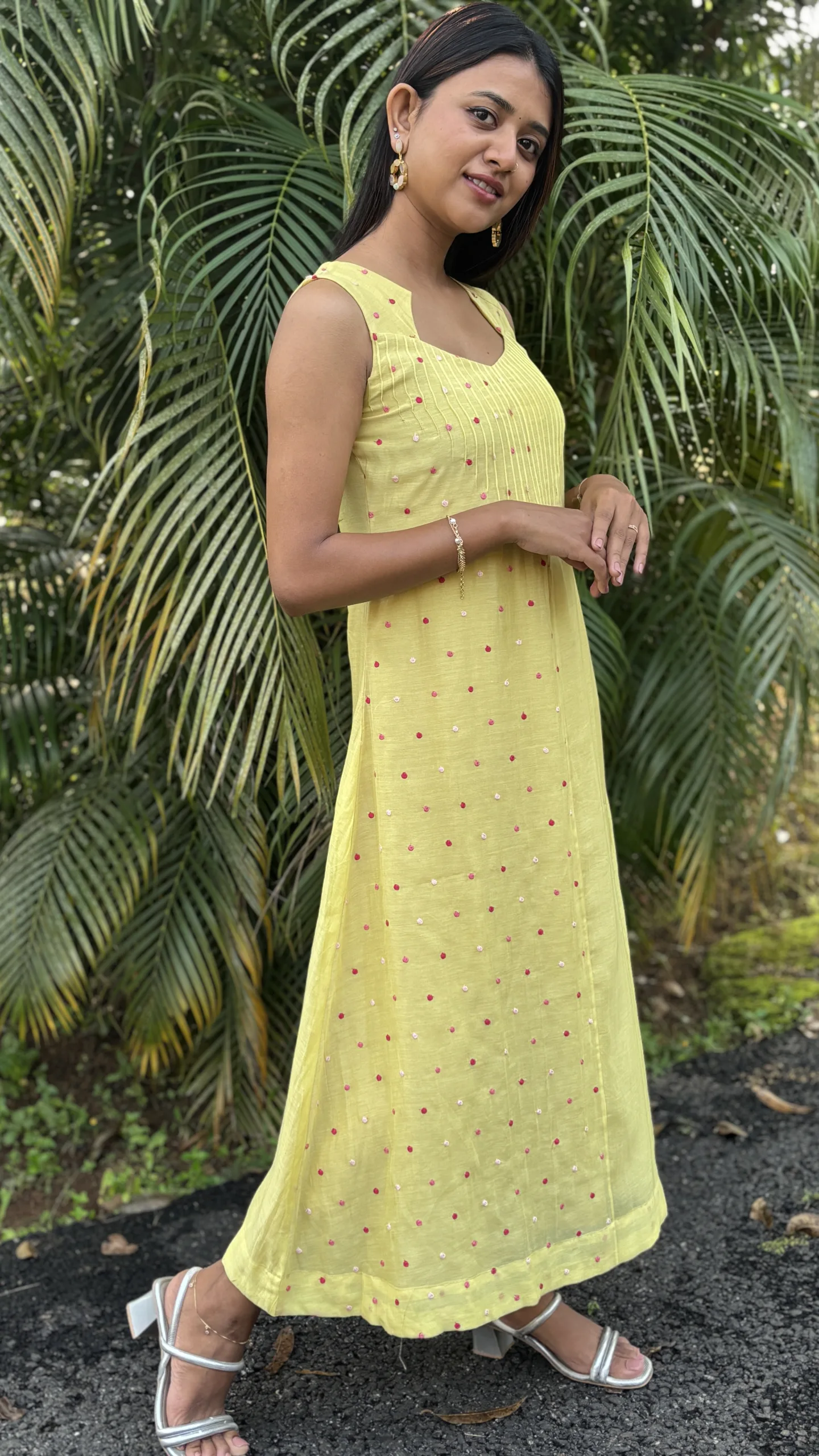 Light Yellow Malai Chanderi Dress with Pintuck Bodice & Multicolor Embroidery - Image 11