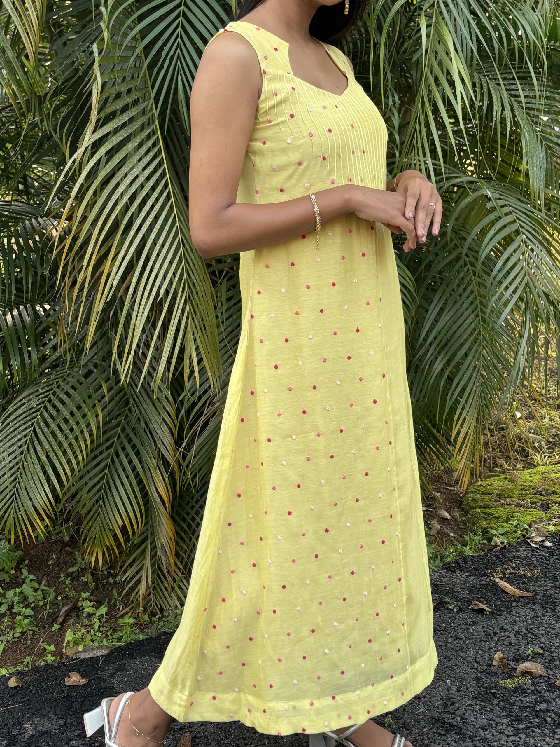 Light Yellow Malai Chanderi Dress with Pintuck Bodice & Multicolor Embroidery - Image 10