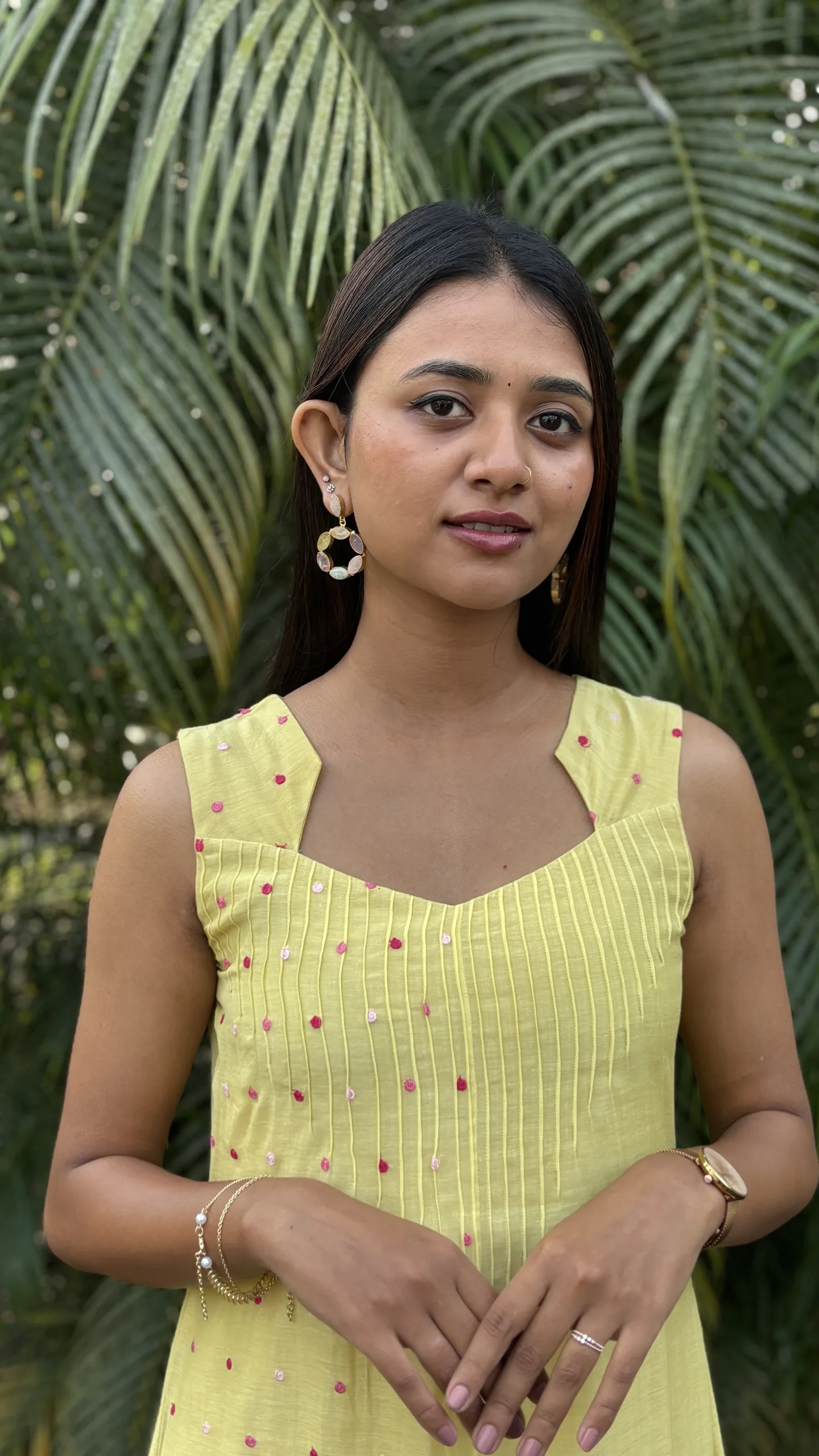 Light Yellow Malai Chanderi Dress with Pintuck Bodice & Multicolor Embroidery - Image 9