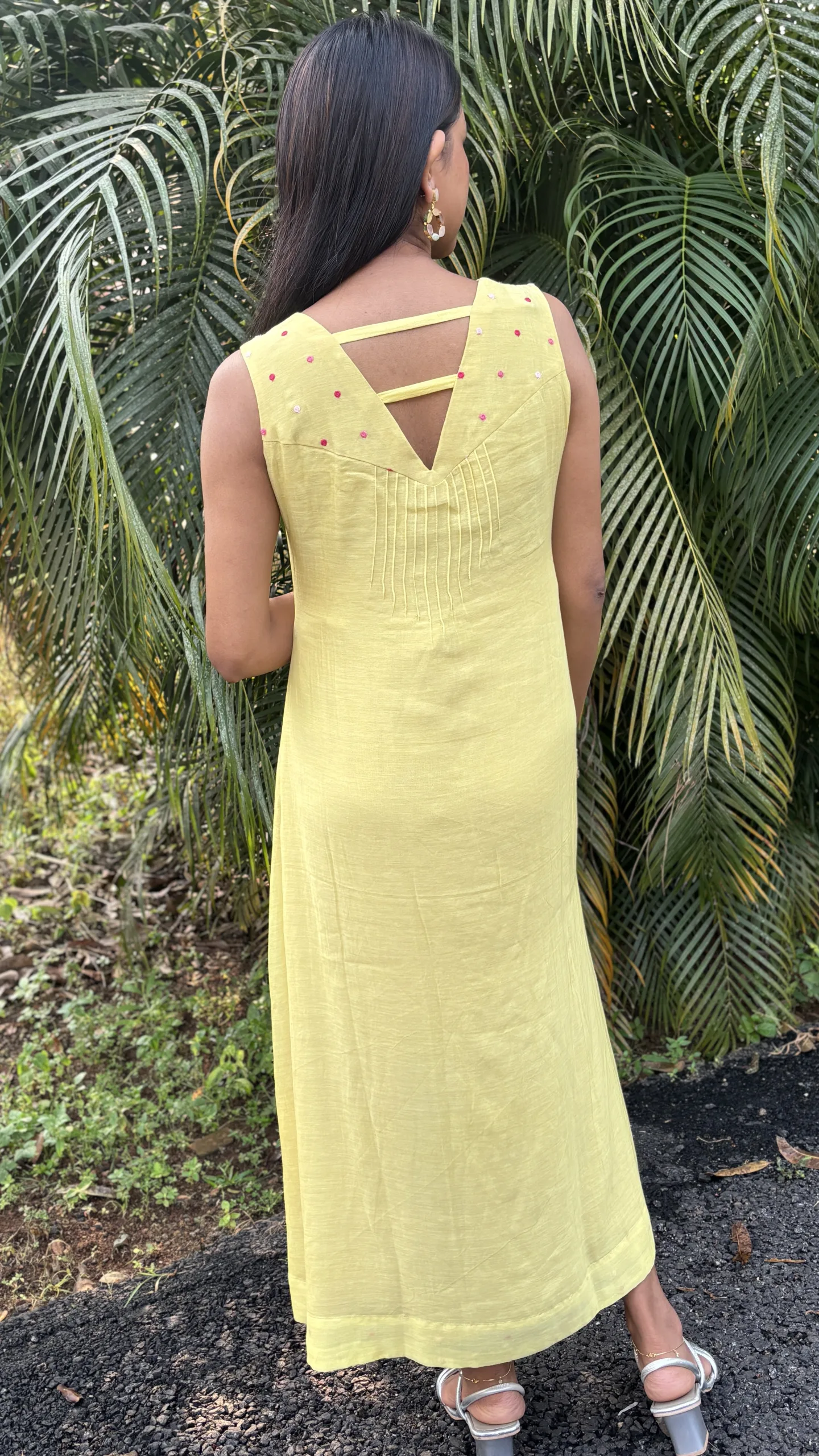 Light Yellow Malai Chanderi Dress with Pintuck Bodice & Multicolor Embroidery - Image 3