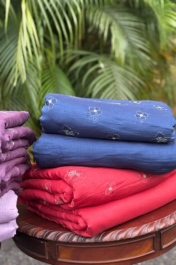 Malai Chanderi Embroidered Fabric – Blue, Red, Dark Lavender, Light Lavender