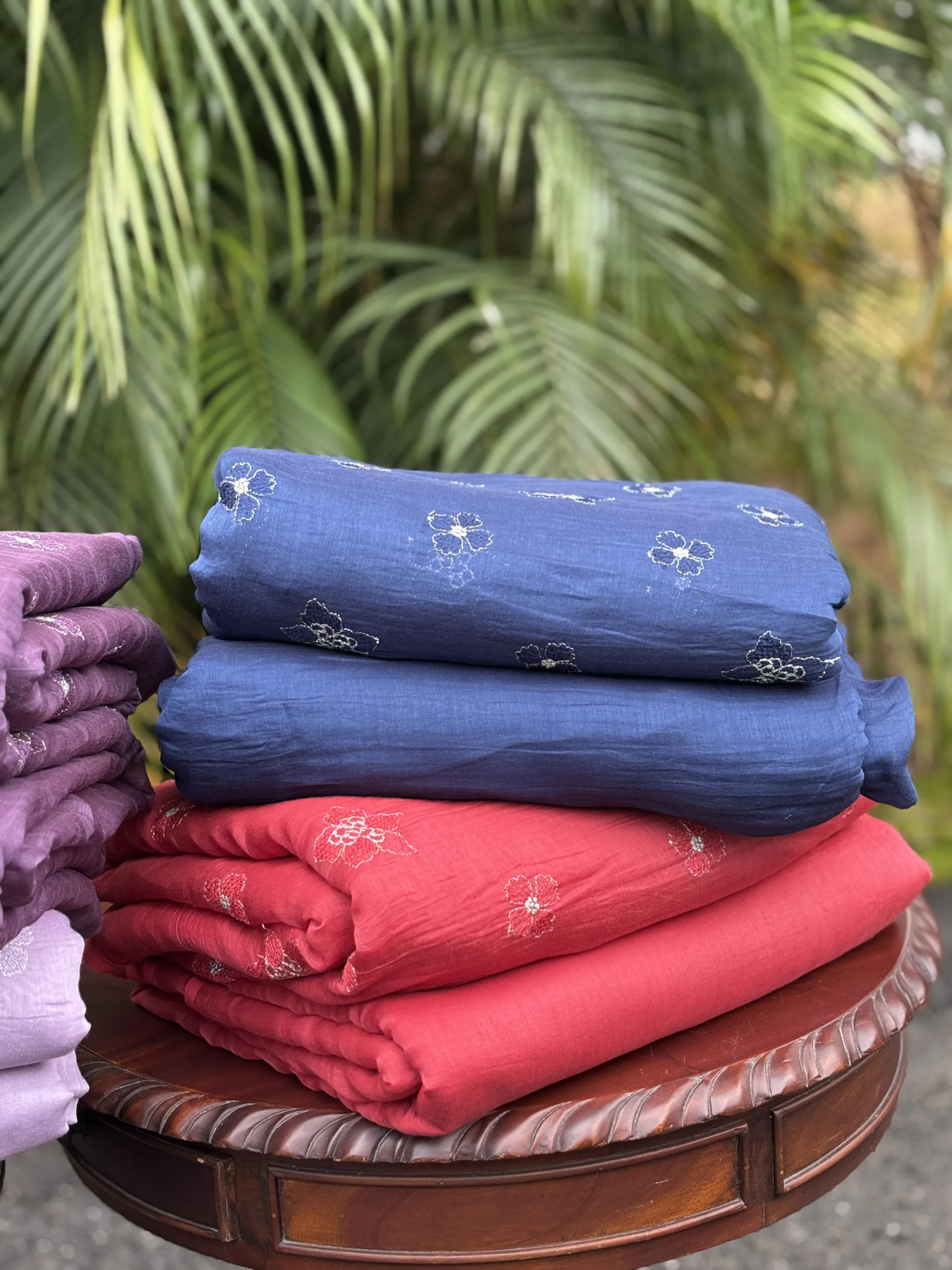 Malai Chanderi Embroidered Fabric – Blue, Red, Dark Lavender, Light Lavender - Image 5