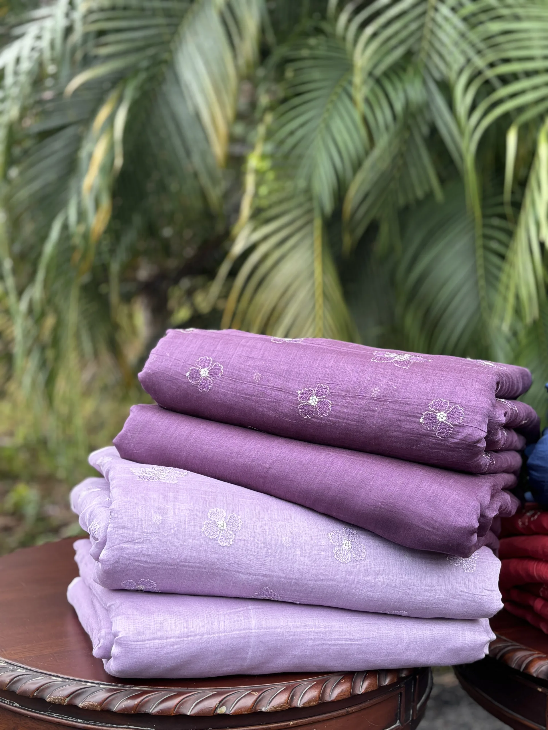 Malai Chanderi Embroidered Fabric – Blue, Red, Dark Lavender, Light Lavender - Image 4