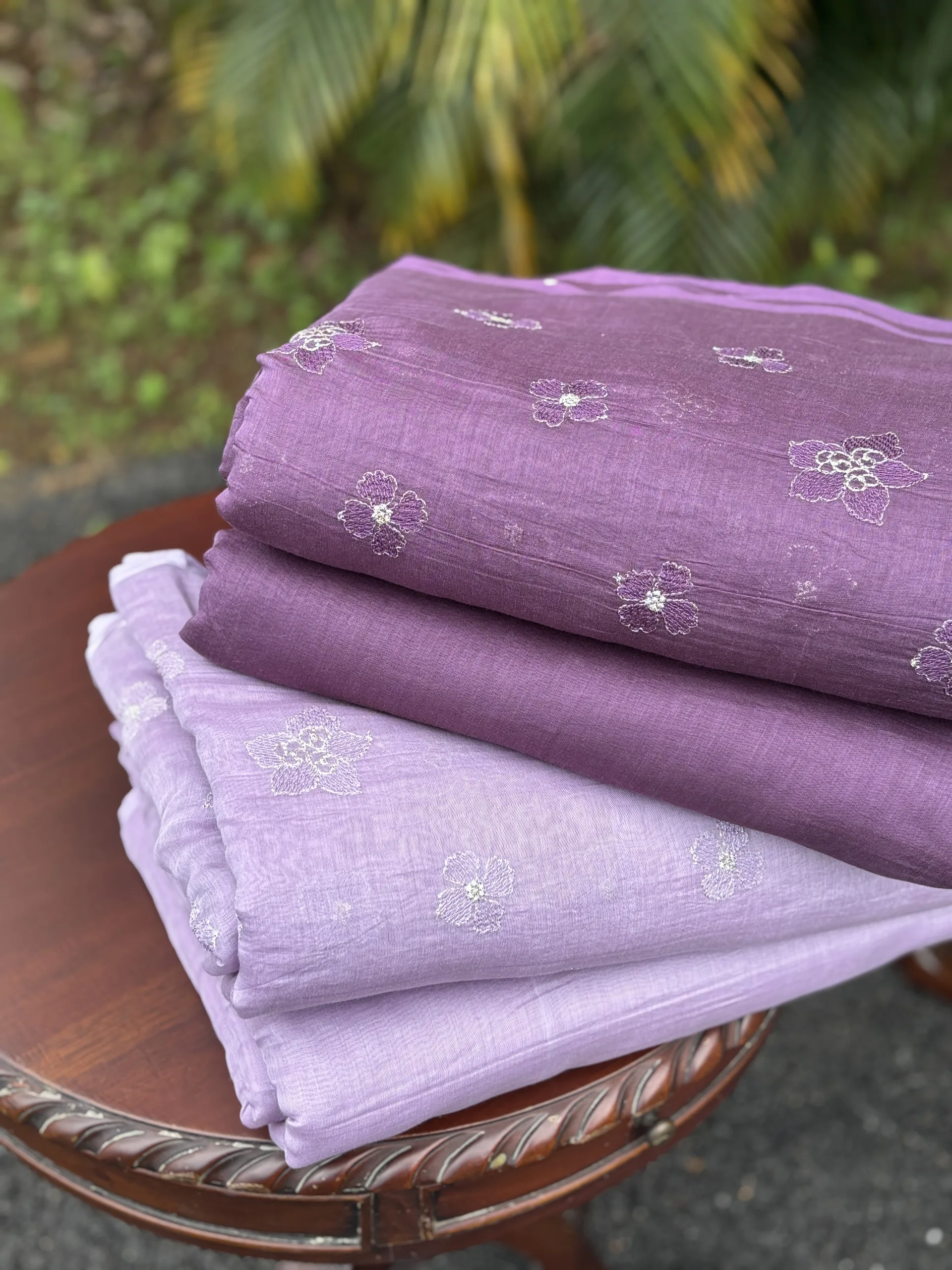 Malai Chanderi Embroidered Fabric – Blue, Red, Dark Lavender, Light Lavender - Image 3