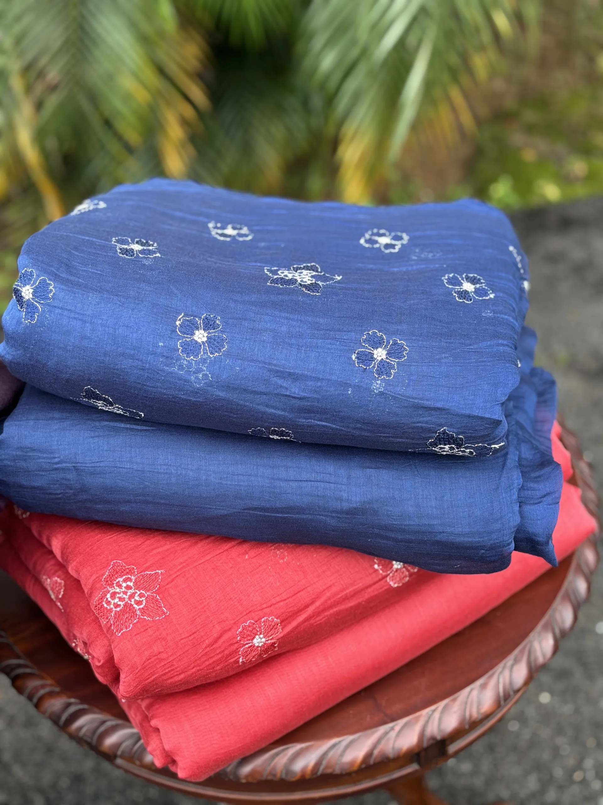 Malai Chanderi Embroidered Fabric – Blue, Red, Dark Lavender, Light Lavender - Image 2