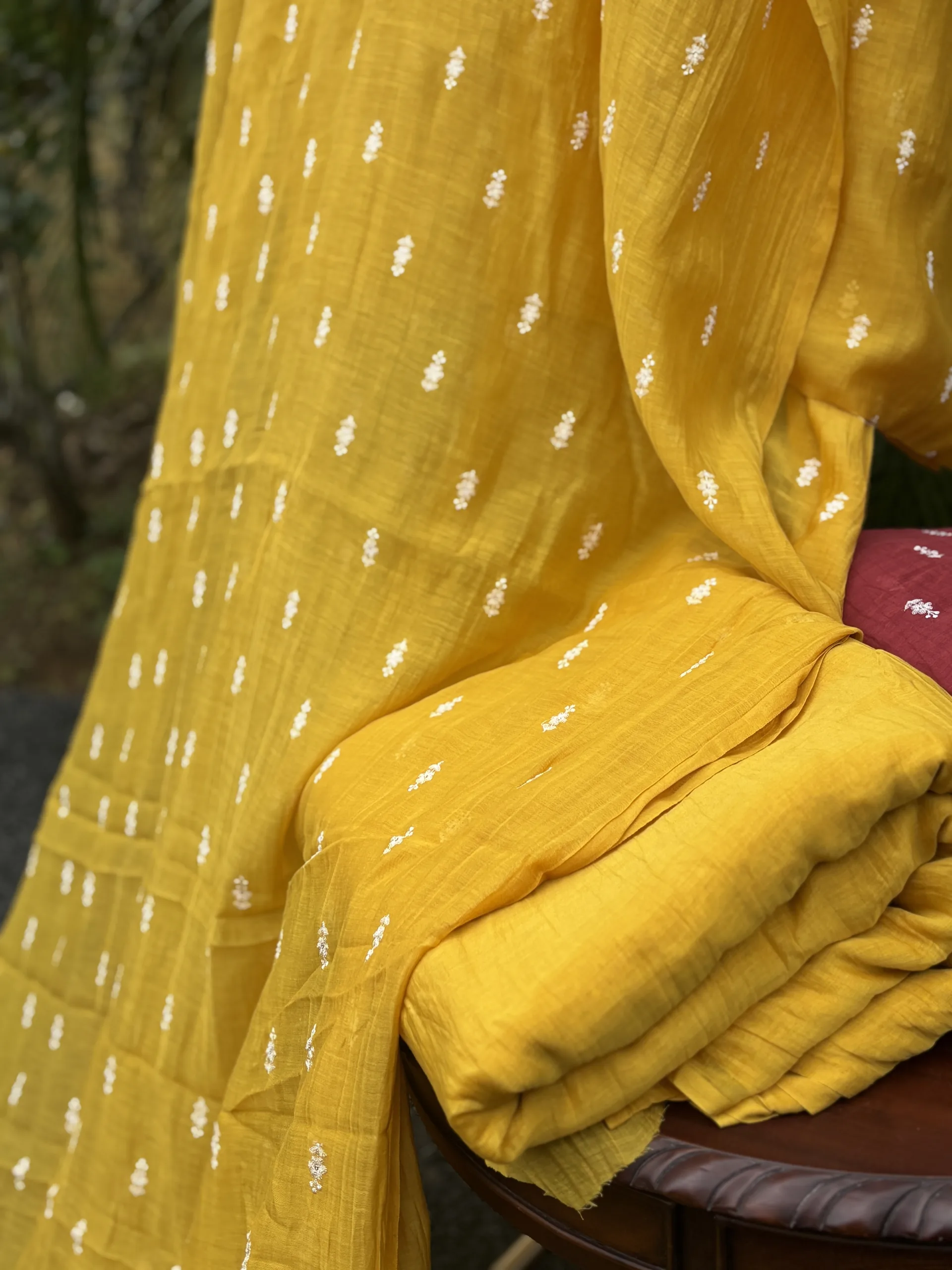 Malai Chanderi Fabric – Yellow, Green, Red & Blue with White Thread Embroidery - Image 12