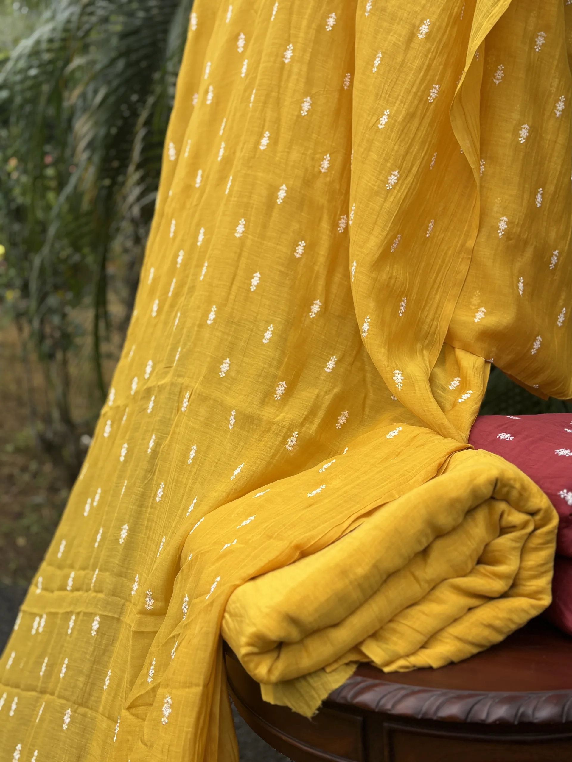 Malai Chanderi Fabric – Yellow, Green, Red & Blue with White Thread Embroidery - Image 11