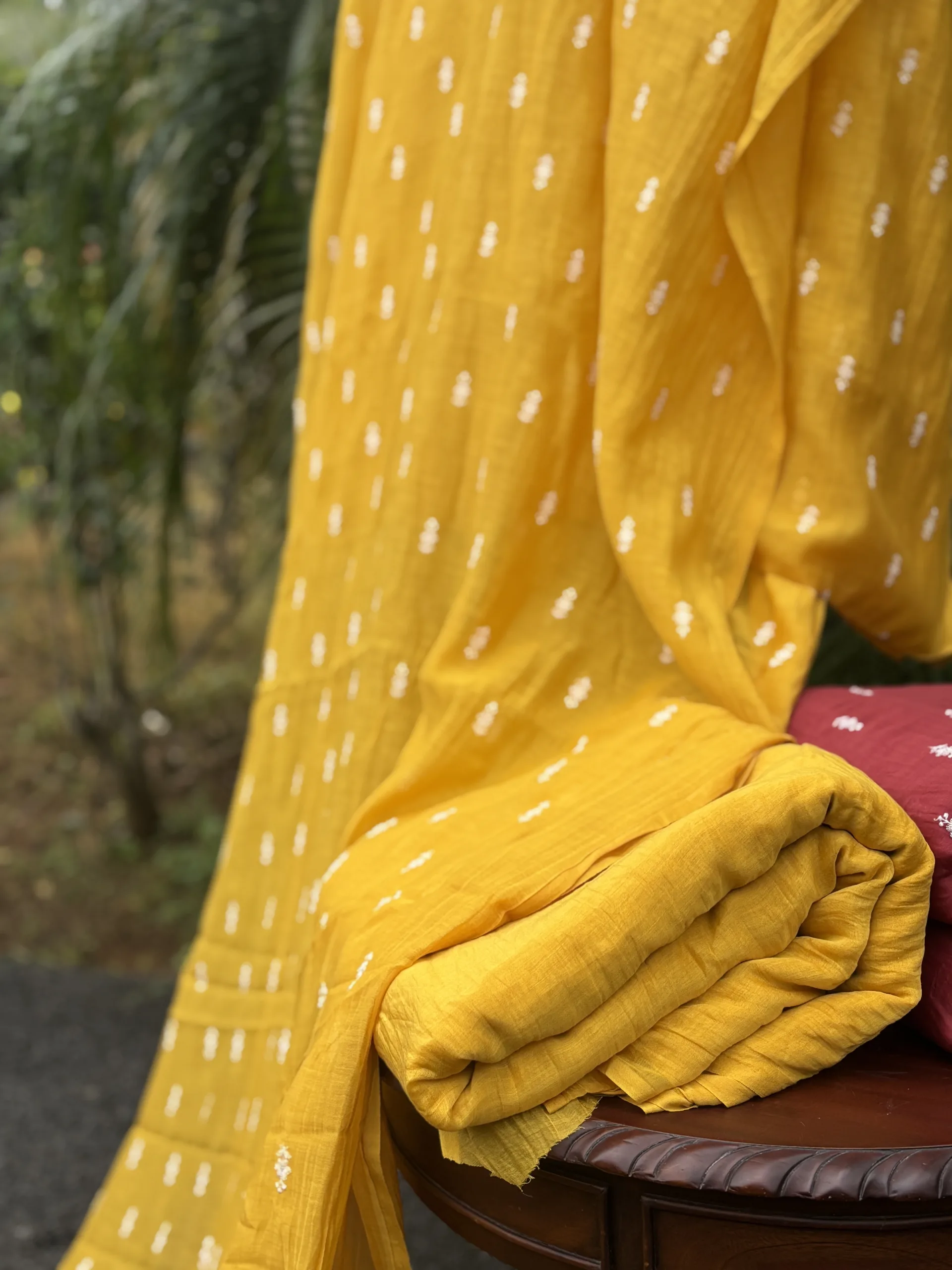 Malai Chanderi Fabric – Yellow, Green, Red & Blue with White Thread Embroidery - Image 10