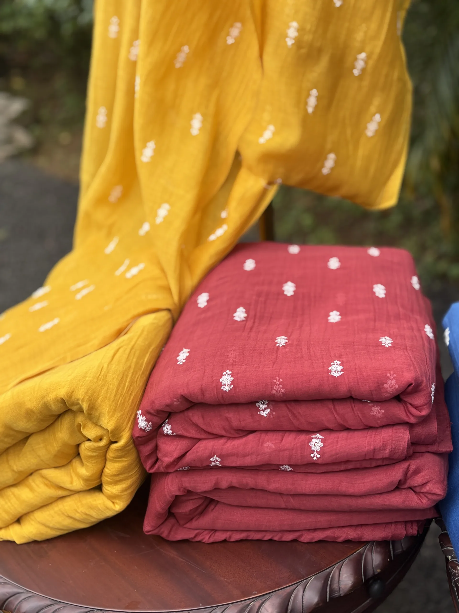 Malai Chanderi Fabric – Yellow, Green, Red & Blue with White Thread Embroidery - Image 9