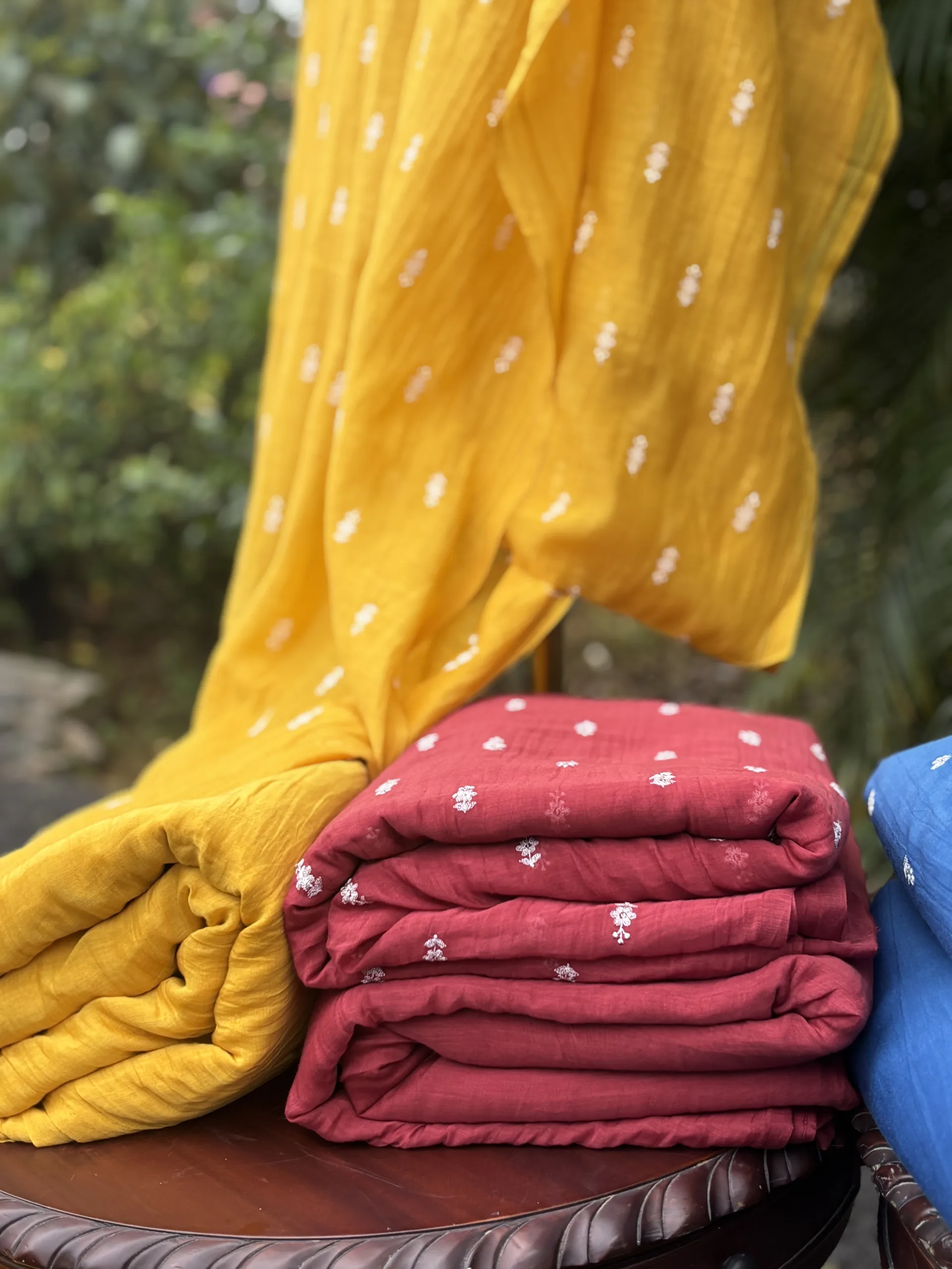 Malai Chanderi Fabric – Yellow, Green, Red & Blue with White Thread Embroidery - Image 8