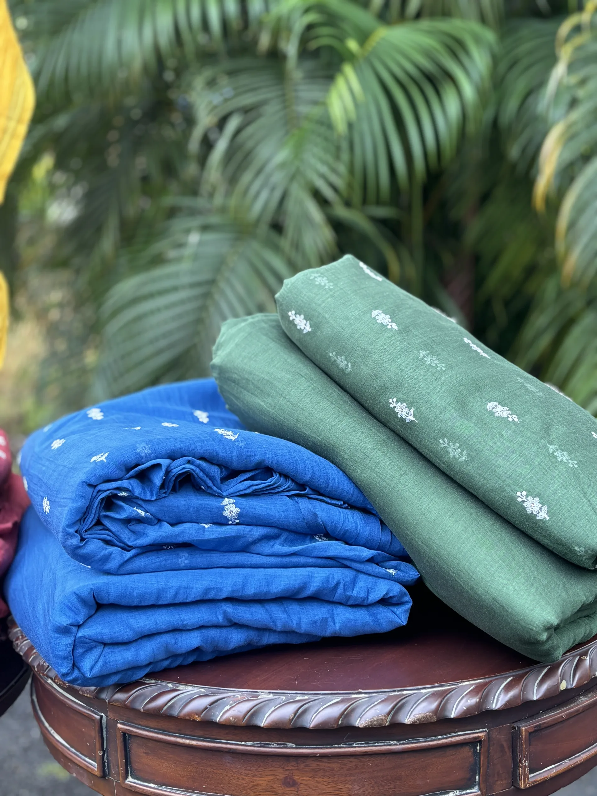 Malai Chanderi Fabric – Yellow, Green, Red & Blue with White Thread Embroidery - Image 7