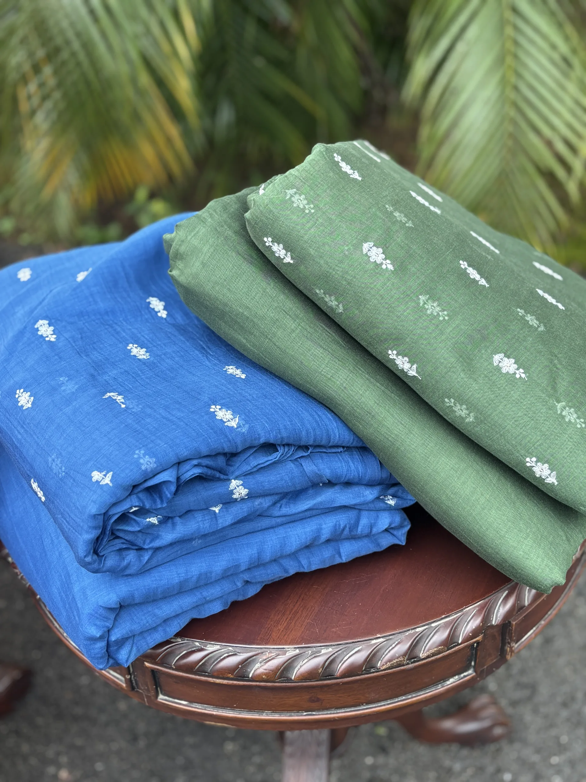 Malai Chanderi Fabric – Yellow, Green, Red & Blue with White Thread Embroidery - Image 6