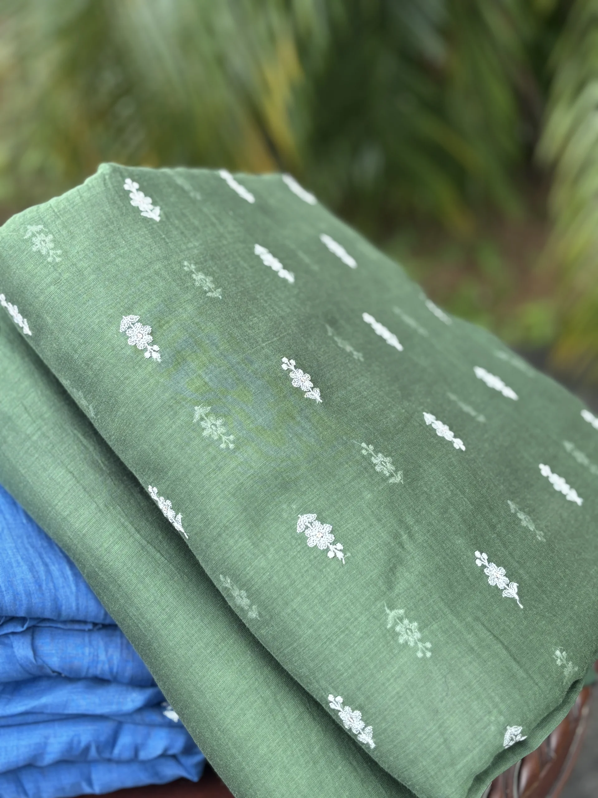 Malai Chanderi Fabric – Yellow, Green, Red & Blue with White Thread Embroidery - Image 5