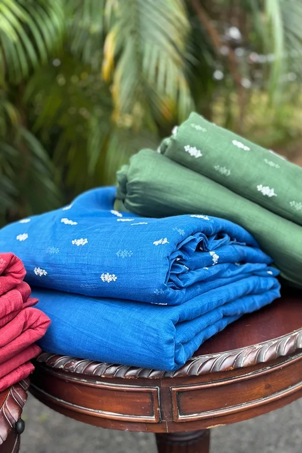 Malai Chanderi Fabric – Yellow, Green, Red & Blue with White Thread Embroidery