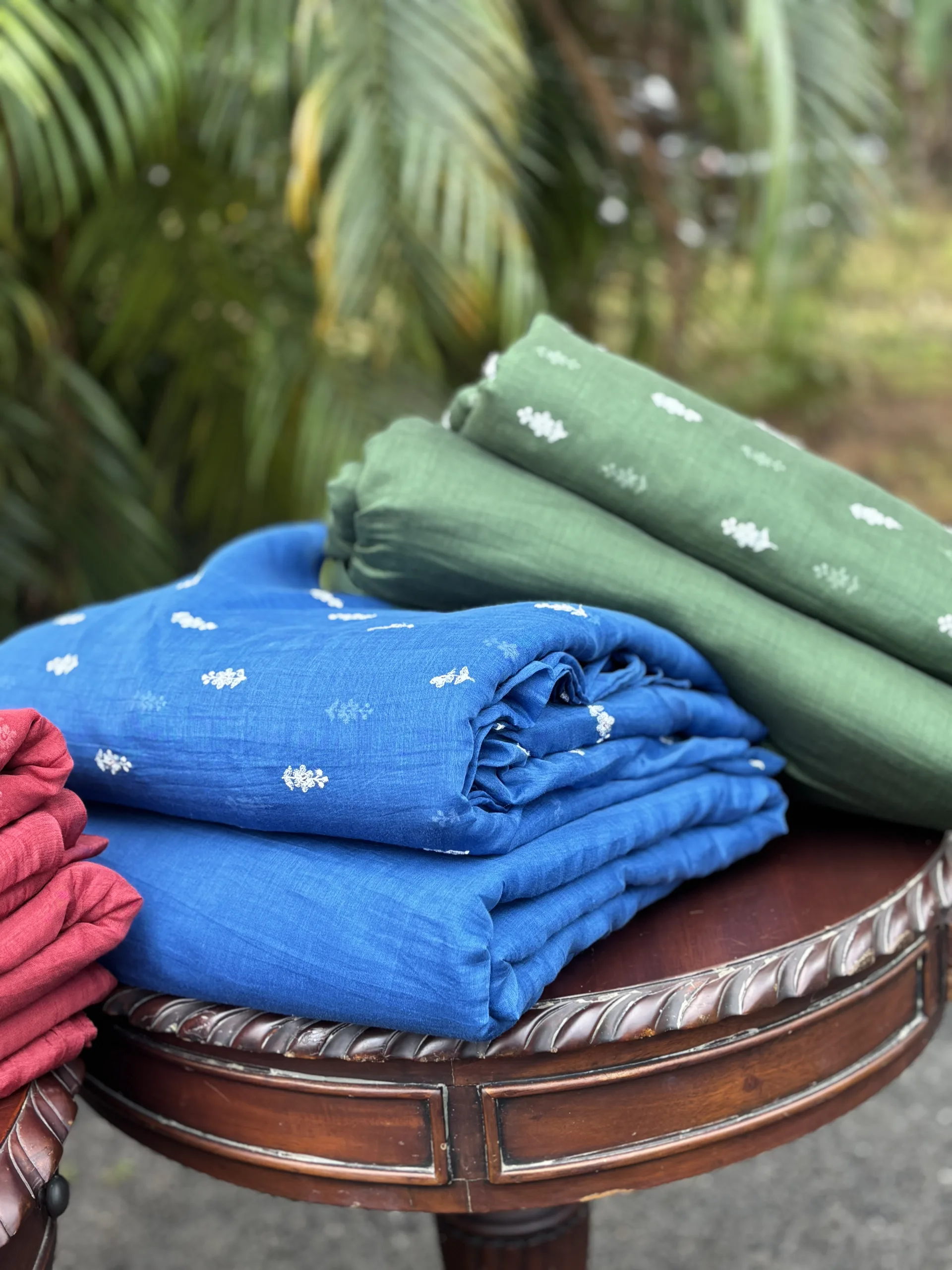 Malai Chanderi Fabric – Yellow, Green, Red & Blue with White Thread Embroidery - Image 4