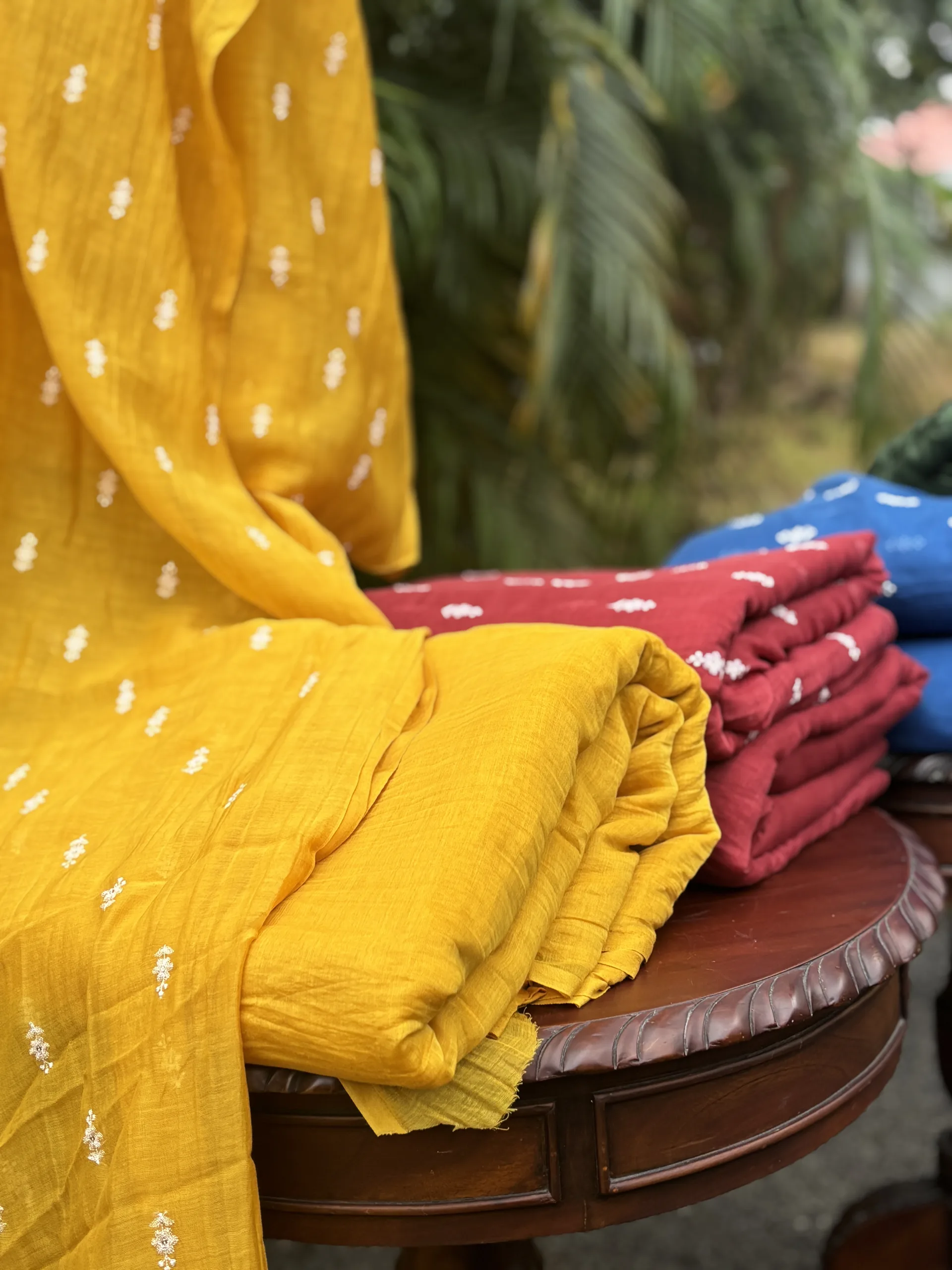 Malai Chanderi Fabric – Yellow, Green, Red & Blue with White Thread Embroidery - Image 3