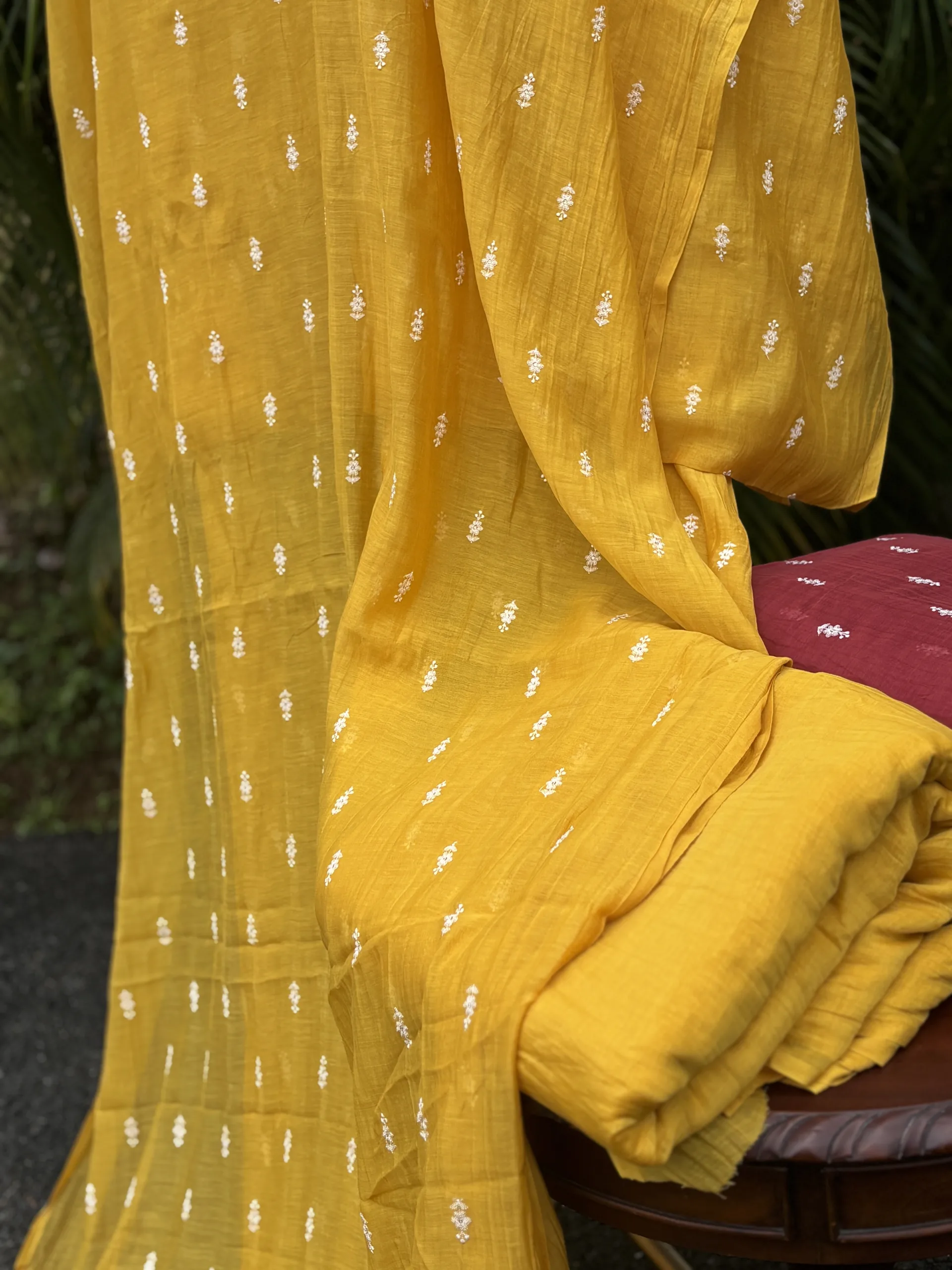 Malai Chanderi Fabric – Yellow, Green, Red & Blue with White Thread Embroidery - Image 2